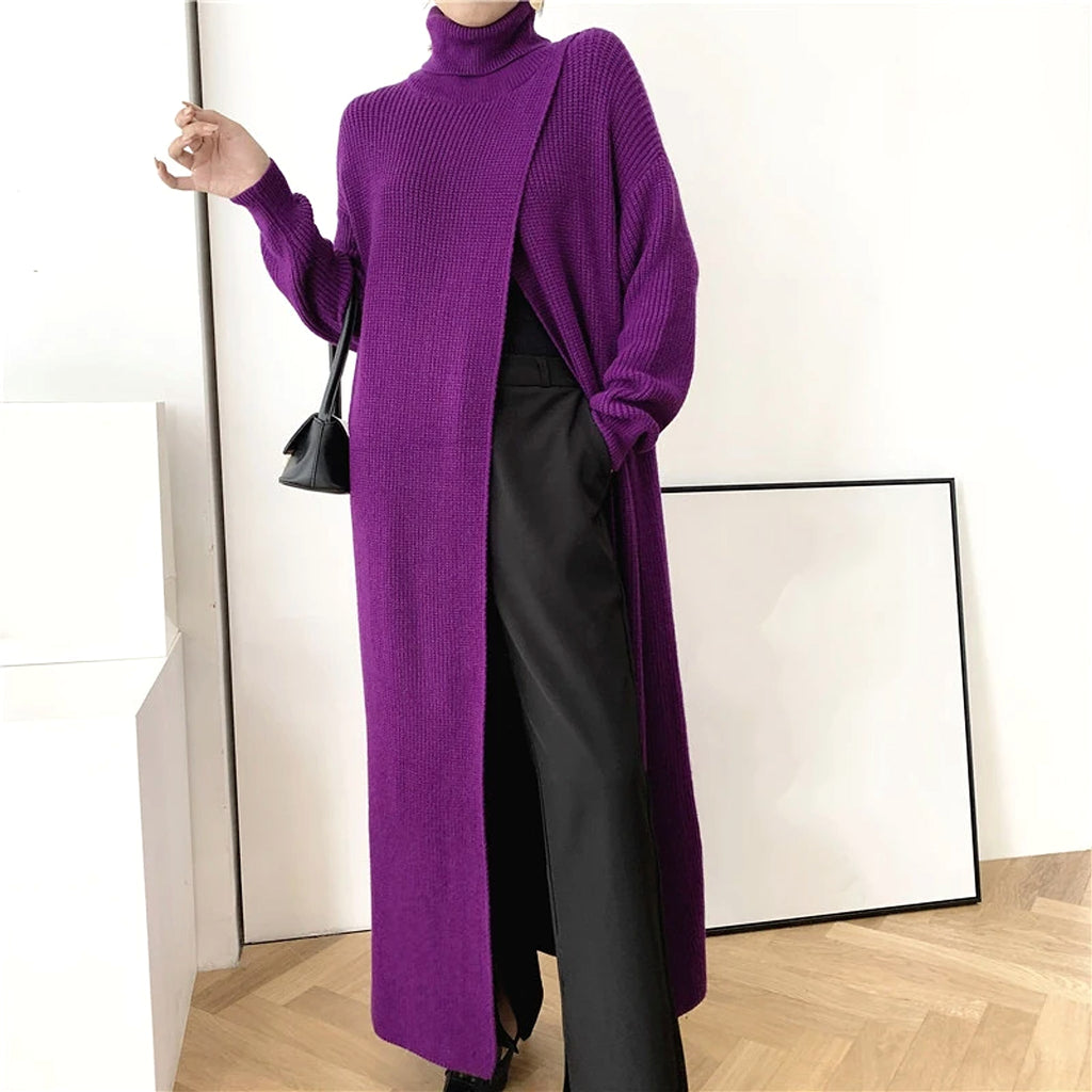 A.1 Long Knit Turtleneck Sweater Long Skirt Pullover Bottoming With Slits And Slim Fit - enhanced image 3