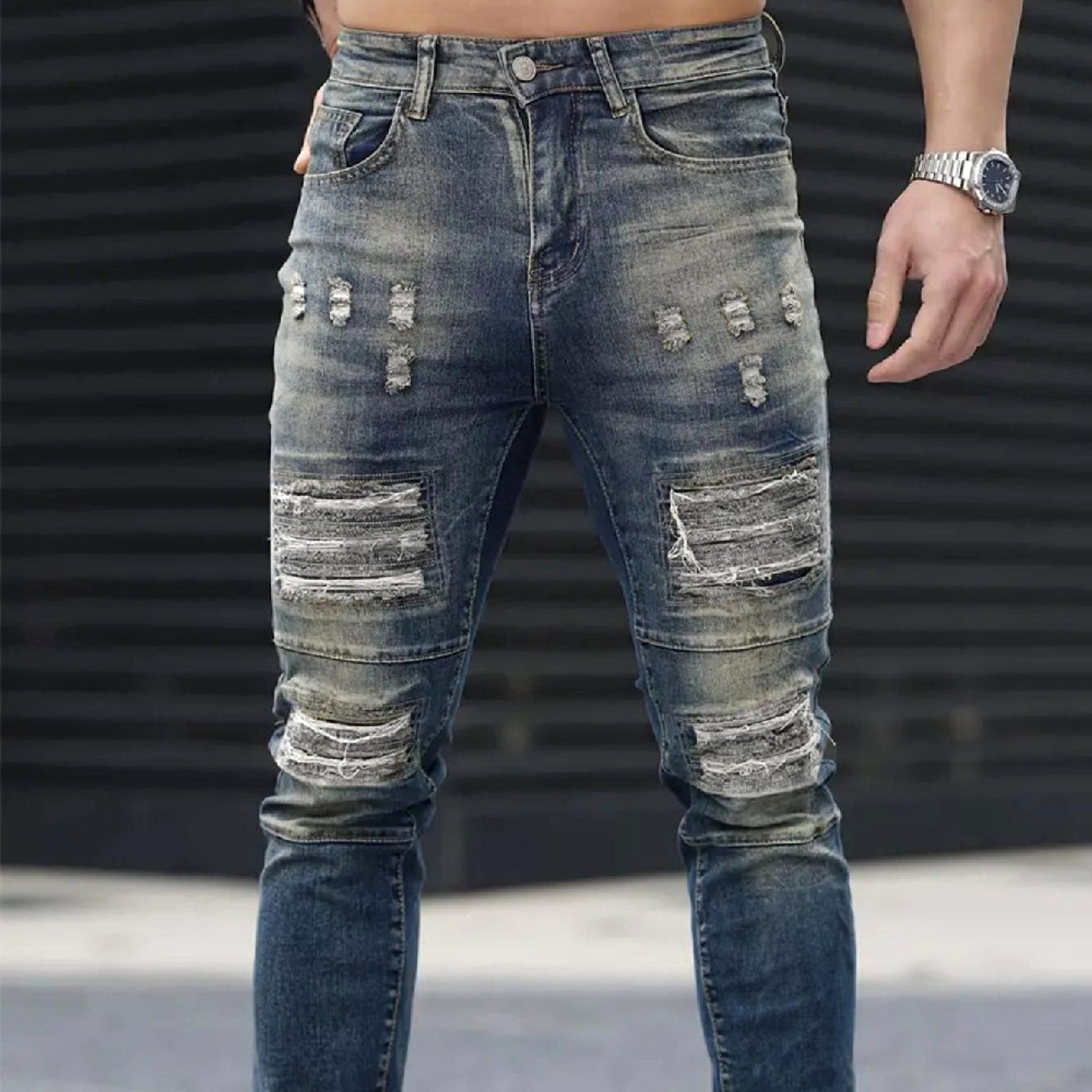 Men’s Ripped Stretch Jeans – Navy High Street | Urban Cool 25 Edition - enhanced image 3