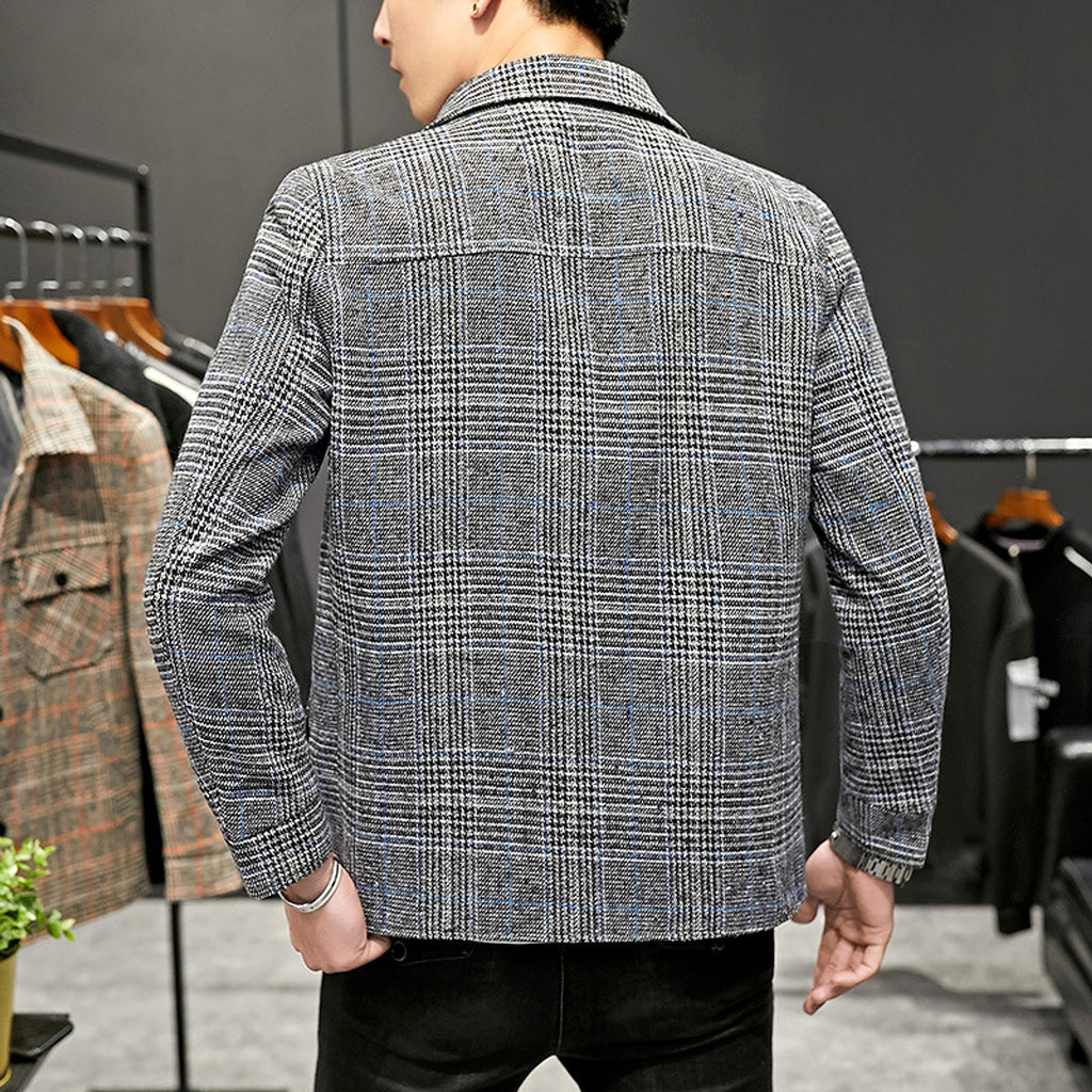 Men's Casual Plaid Jacket Lapel Cropped Coat - enhanced image 3