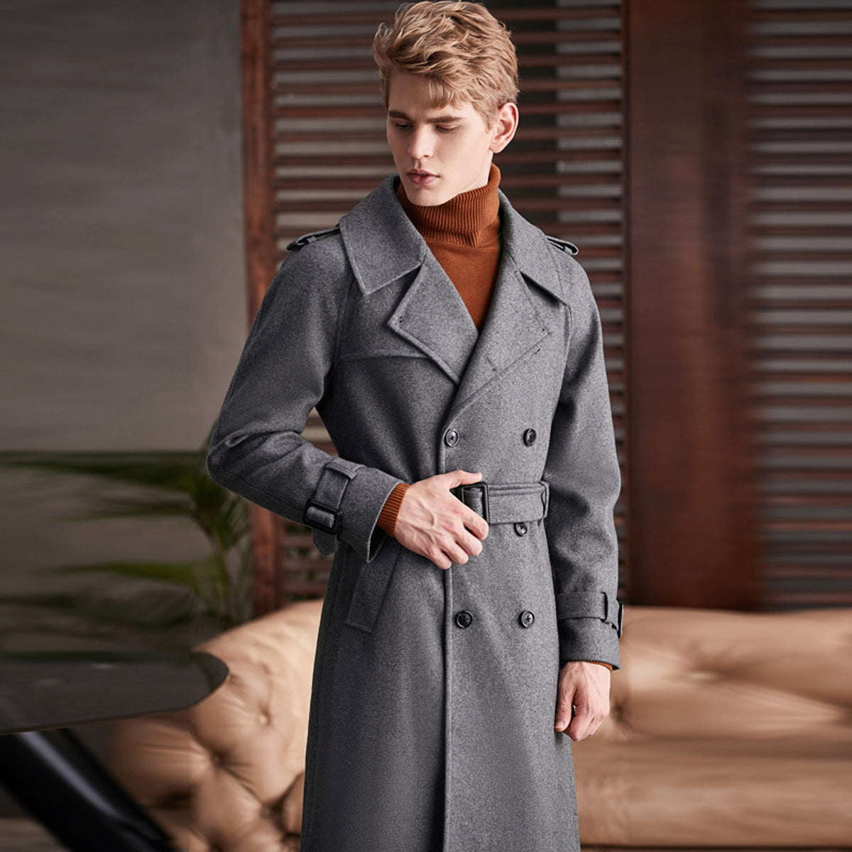 Men's Double Breasted Knee Length Woolen Trench Coat - enhanced image 3