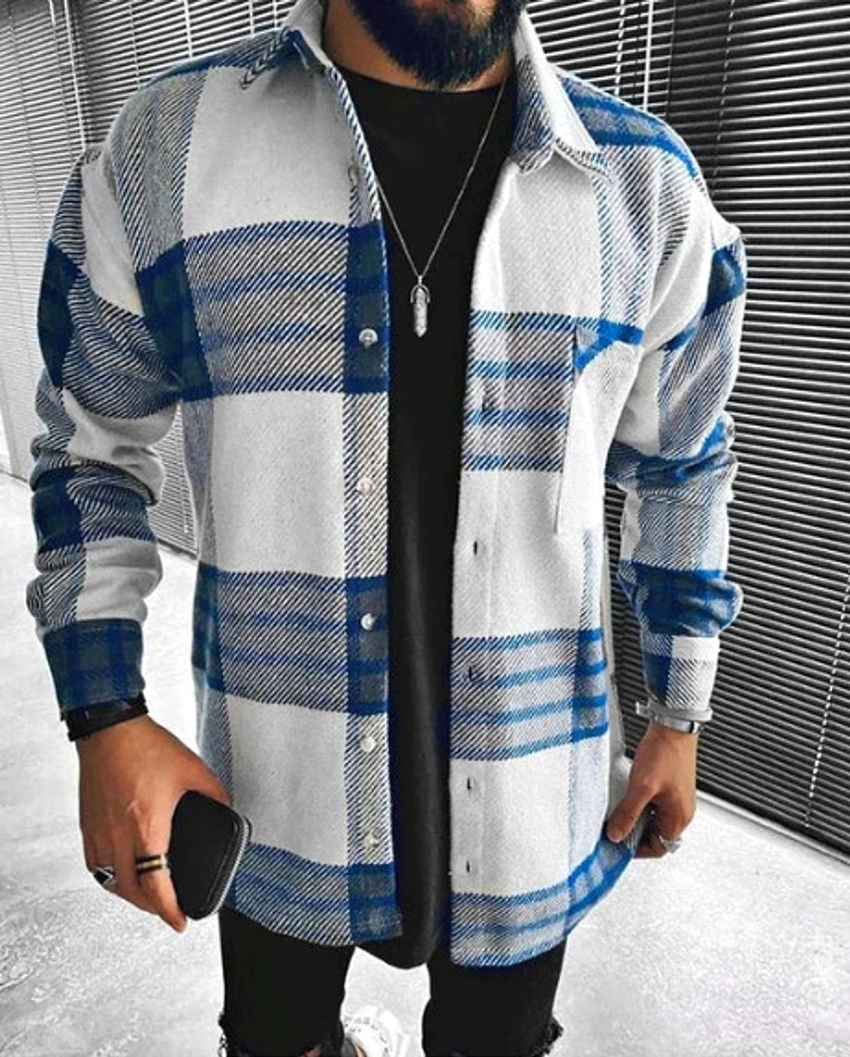 A. Men's DressShirt Plaid Pocket Long Sleeve Jacket - enhanced image 3