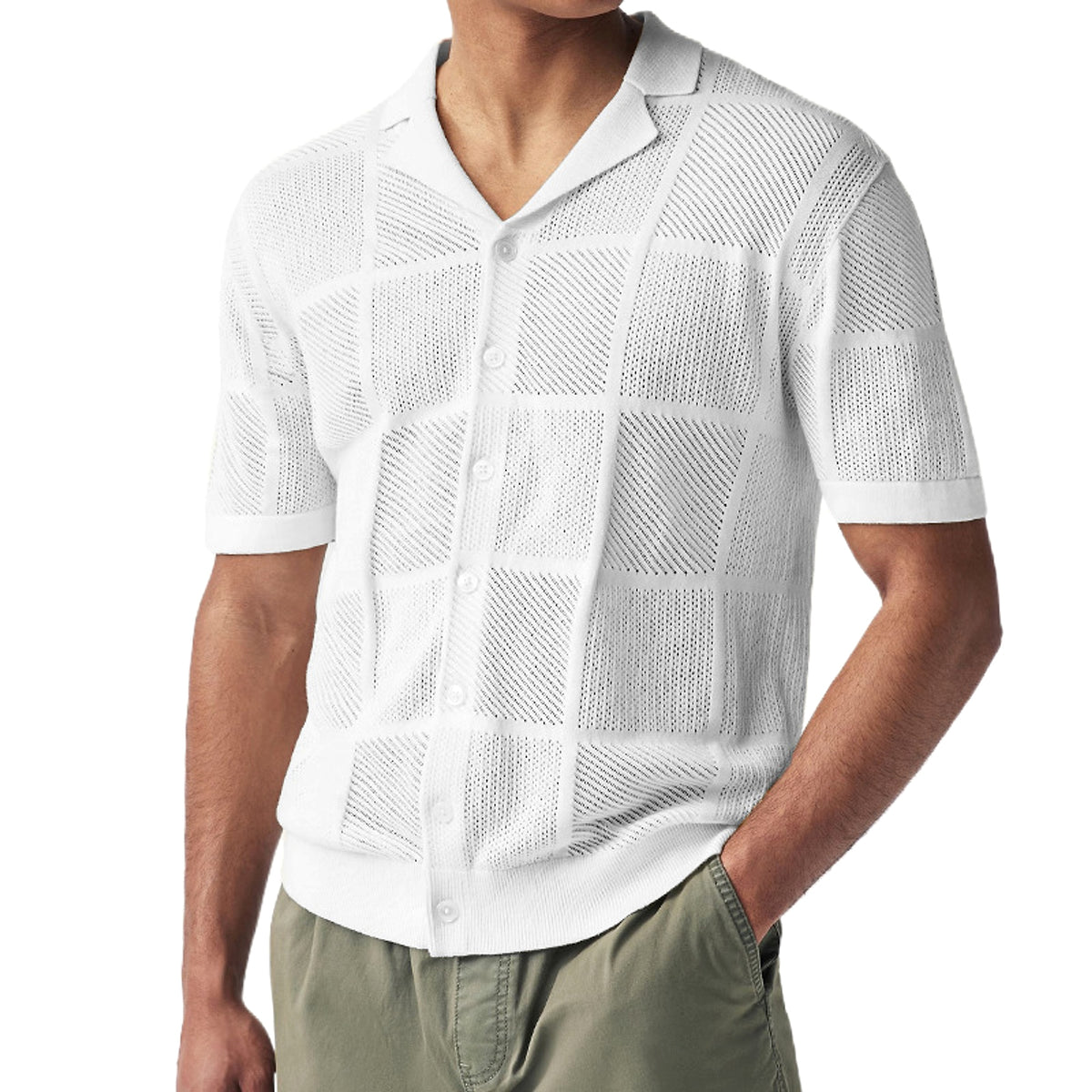 Men's Knit Cardigan Thin Hollow Polo Collar Short Sleeve Top - enhanced image 3