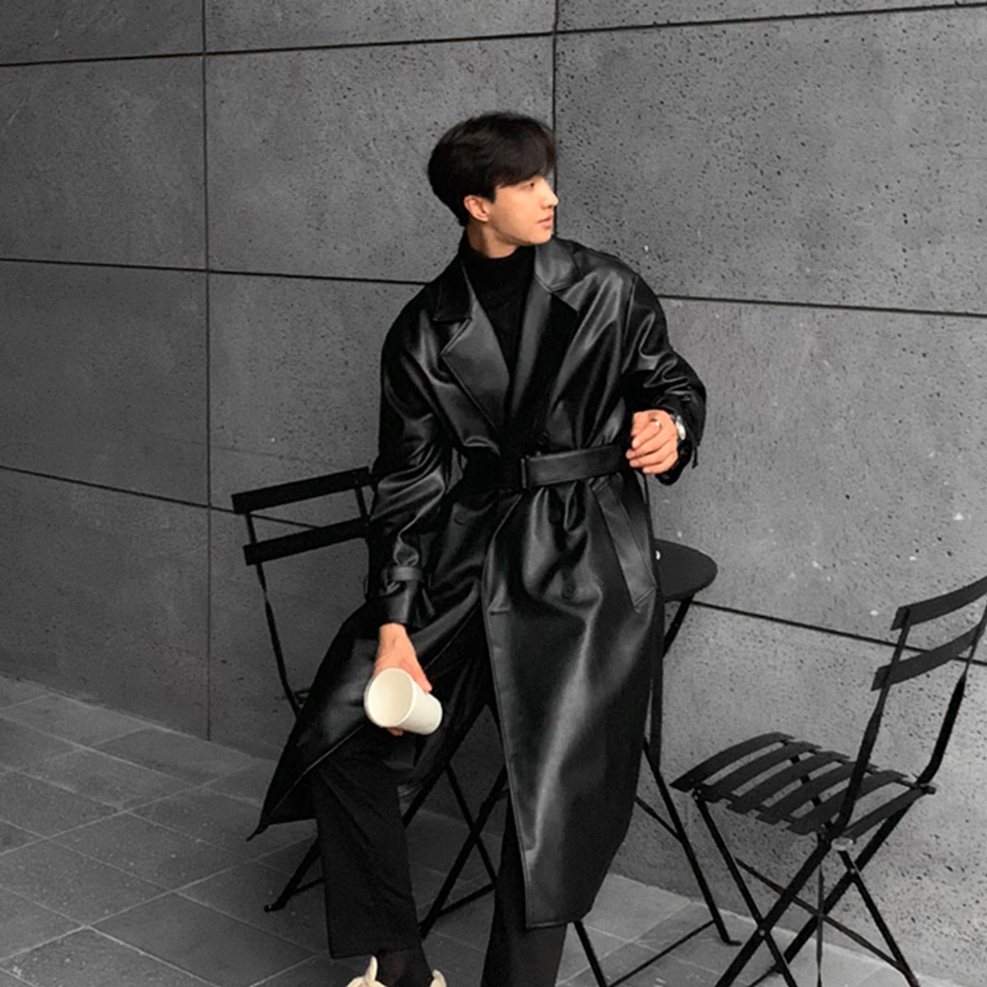 Men's Mid-length Double-breasted Leather Trench Coat - enhanced image 3