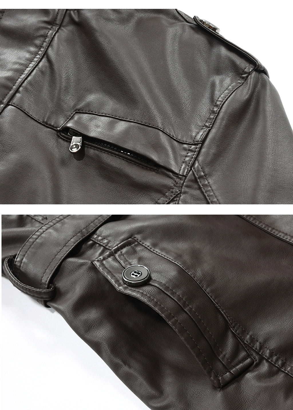 Men's Mid-length Fleece-lined Casual Stand Collar Leather Wind Coat - enhanced image 3