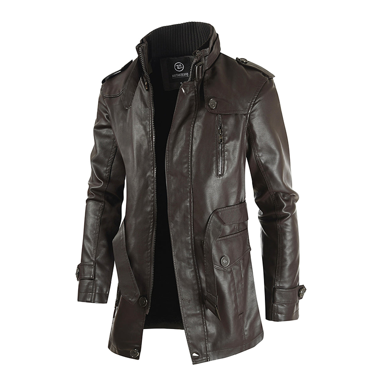 Men's Mid-length Stand-up Collar Slim Large Size Leather Trench Coat - enhanced image 3