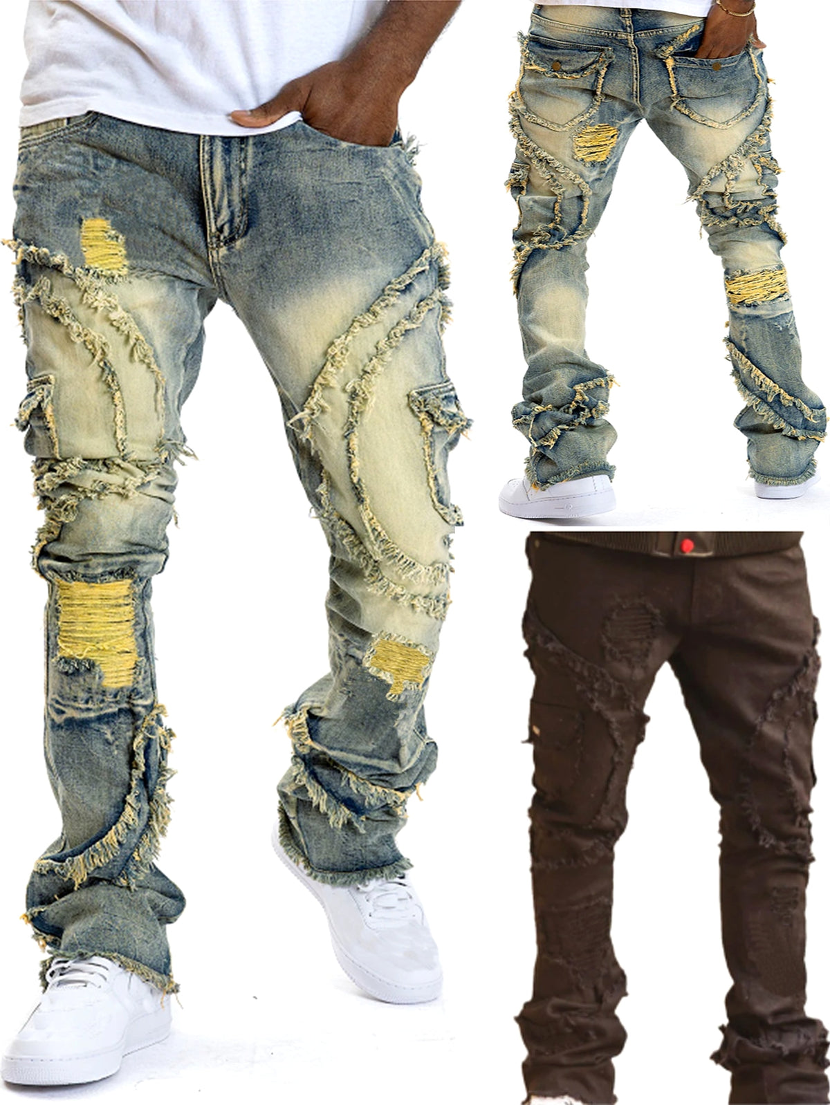 Men's Patchwork Fringe Slightly Flared Stretch Jeans - enhanced image 3