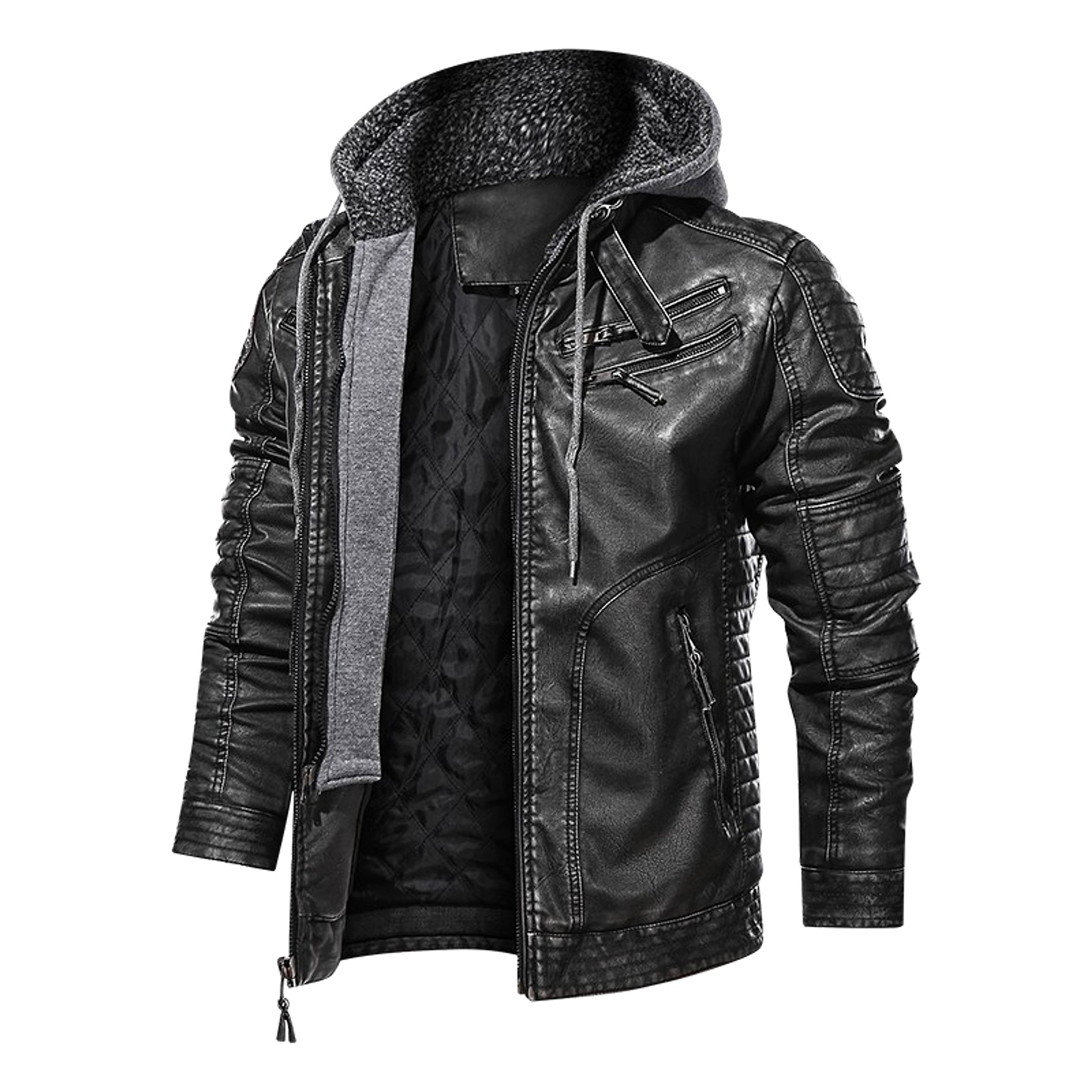 Men's PU Leather Coat Hooded Cotton Addition Leather Jacket Coat - enhanced image 3