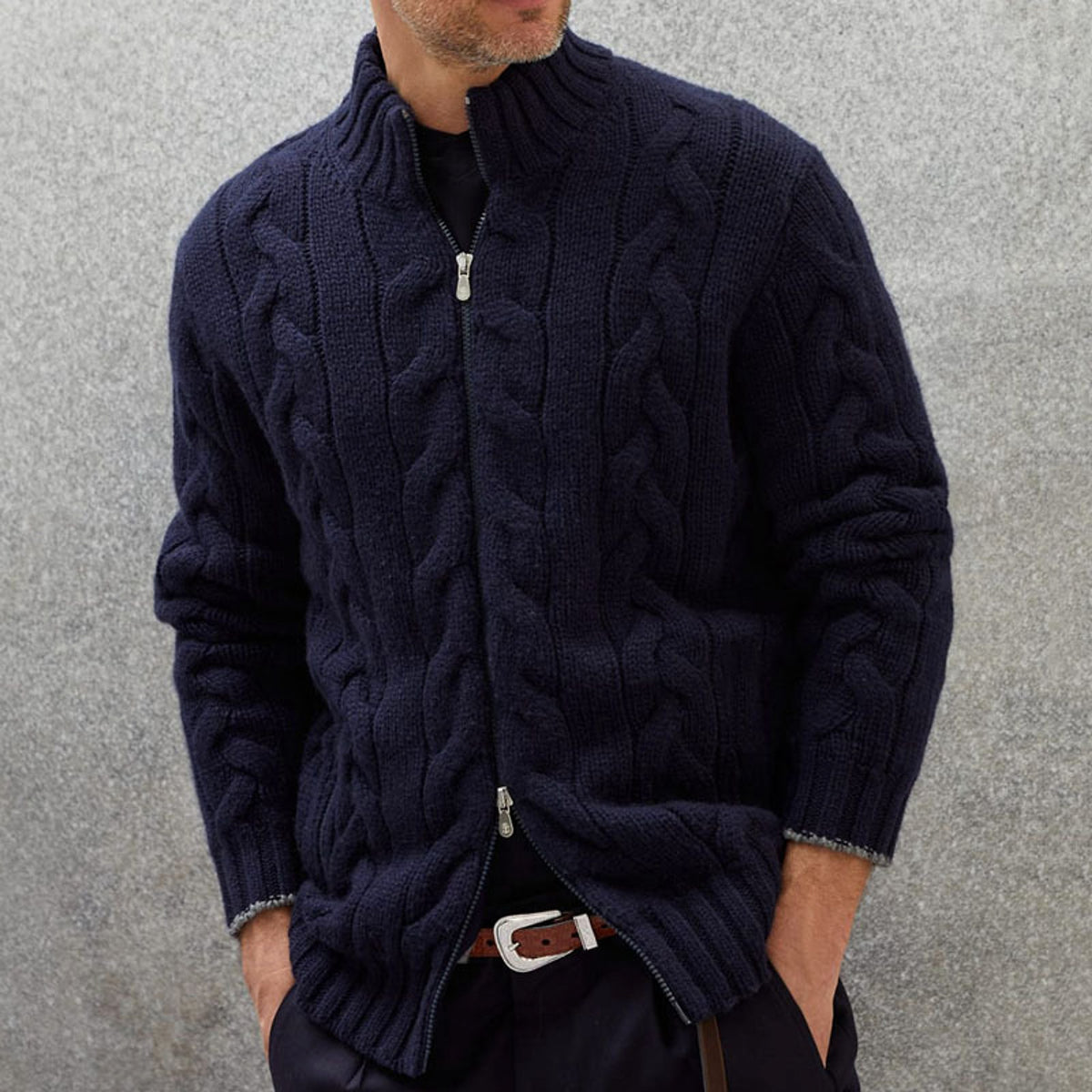 A.1 Men's Solid Color Zipper Knitted Jacket - enhanced image 3