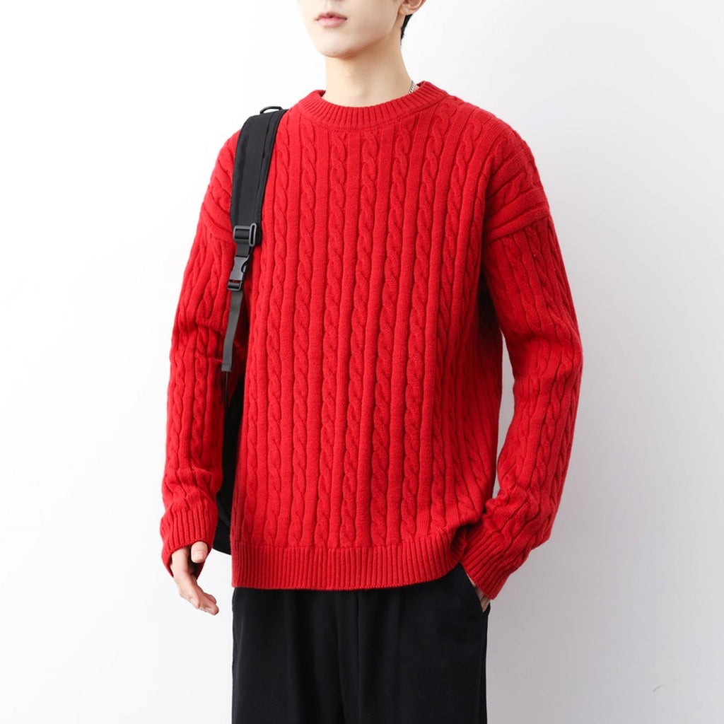 Men's Thick Solid Color Loose Round Neck Twisted Twisted Sweater - enhanced image 3
