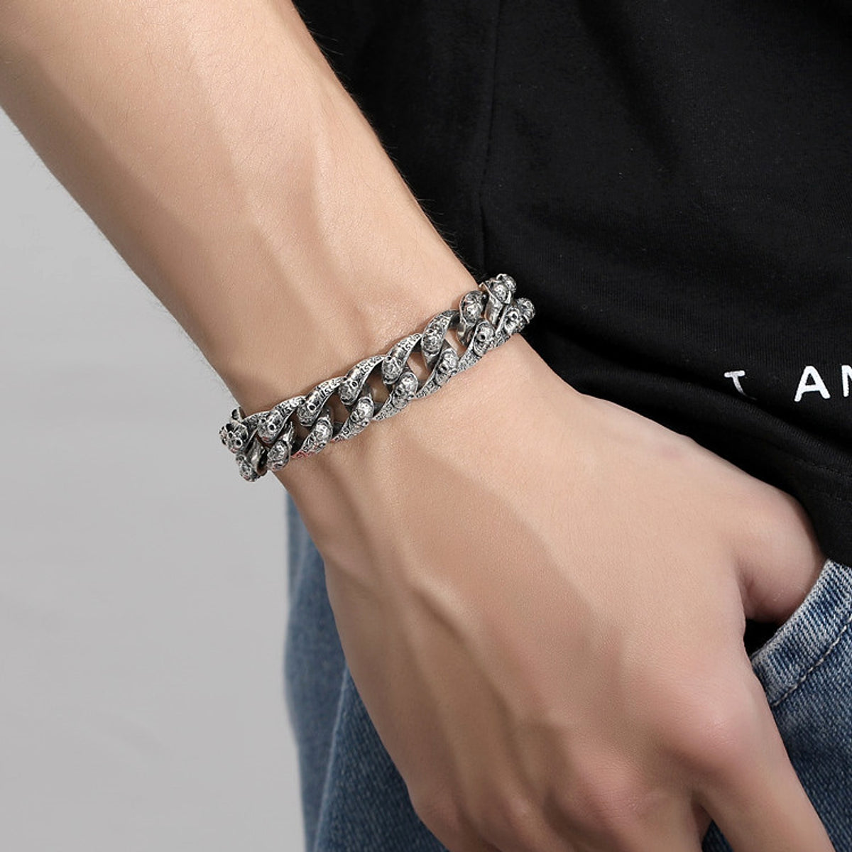 Men's Trendy Sterling Silver Vintage Skull Bracelet - enhanced image 3