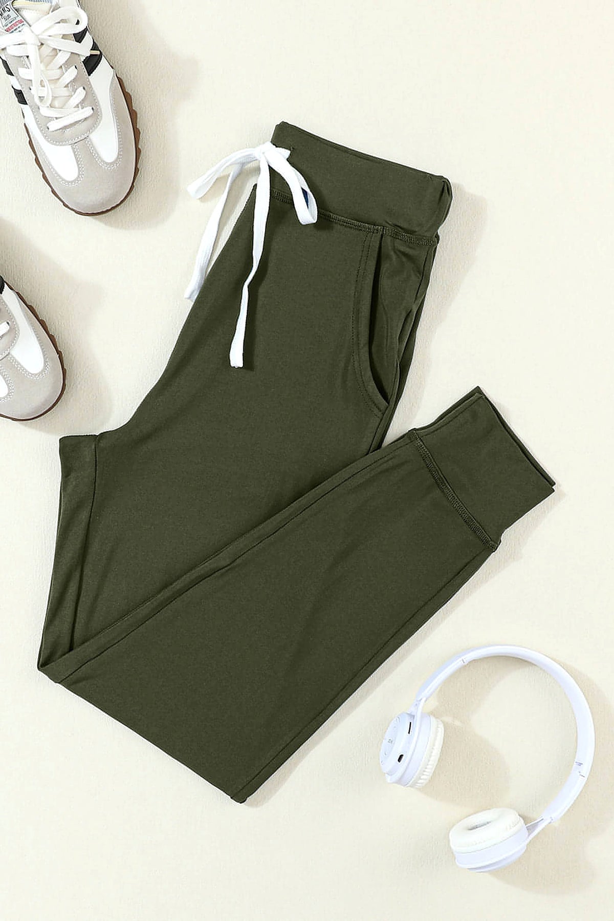 Moss Green Drawstring Waist Pocketed Joggers - enhanced image 3