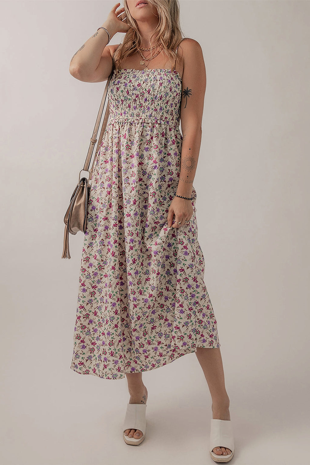 Multicolour Bohemian Ditsy Floral Smocked Fit Flare Sundress - enhanced image 3