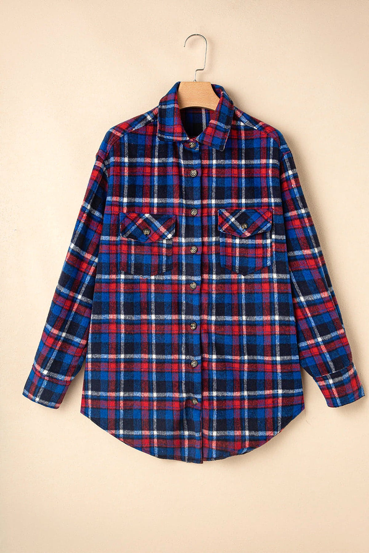 Navy Blue Plaid Flap Pocket Button Up Shacket - enhanced image 3