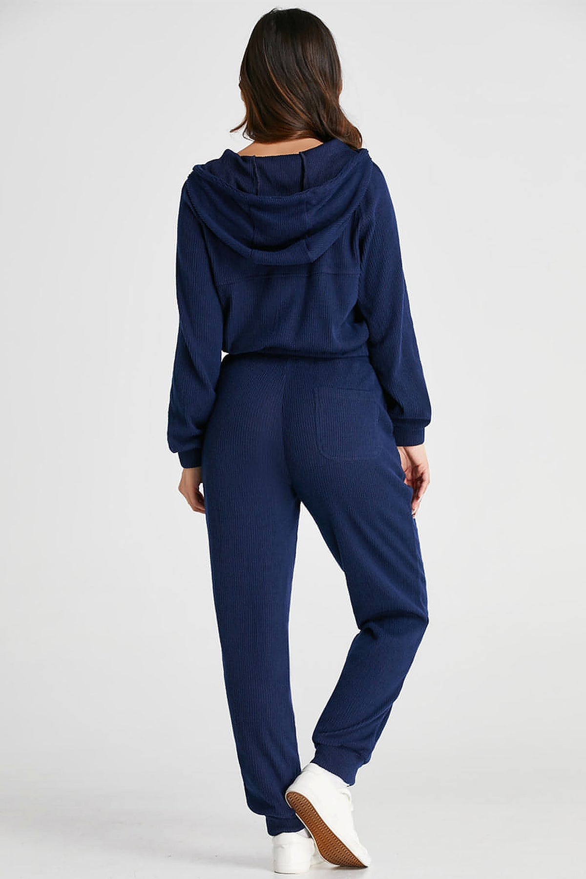 Navy Blue Ribbed Knit Cropped Hoodie and Drawstring Joggers Set - enhanced image 3