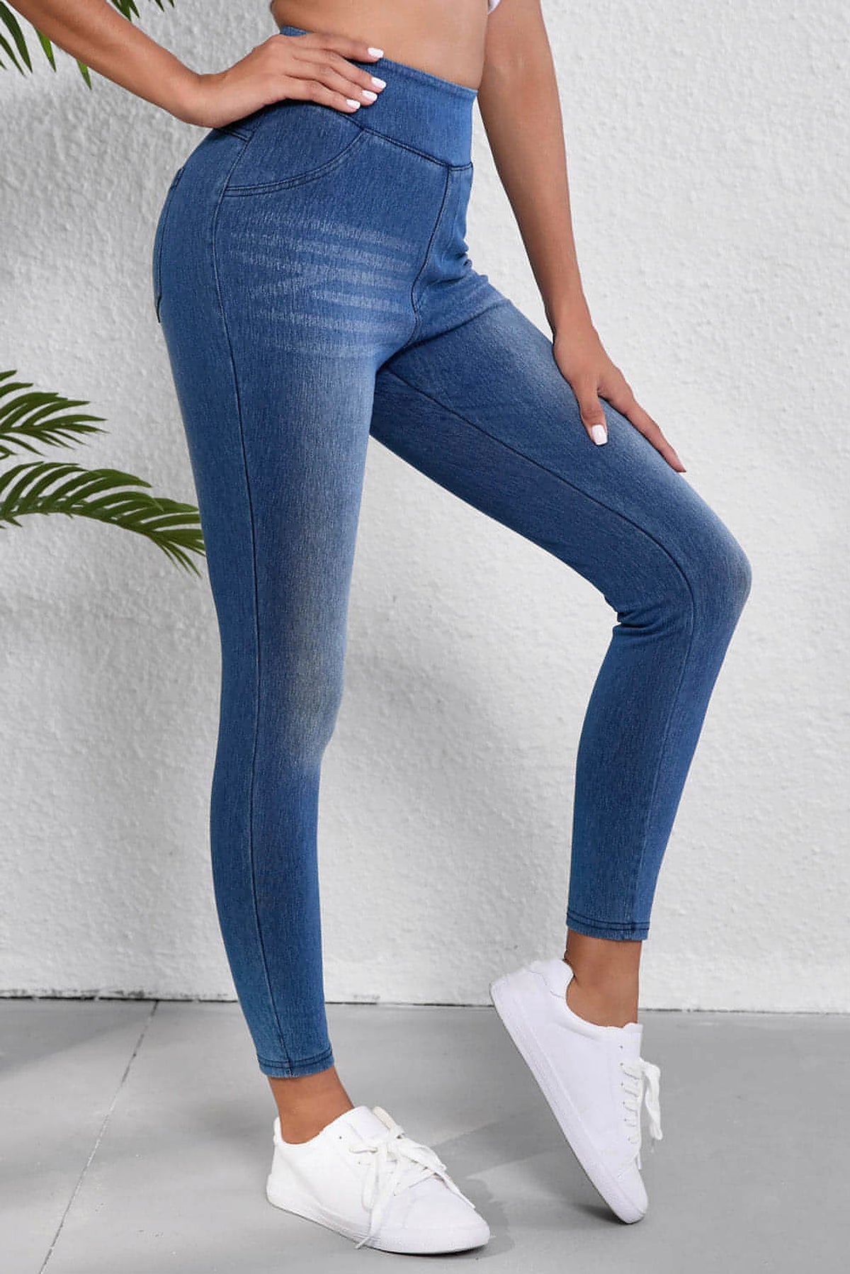 Navy Blue Skinny Elastic Waist Ankle Length Mid Waist Jeggings with Pockets - enhanced image 3