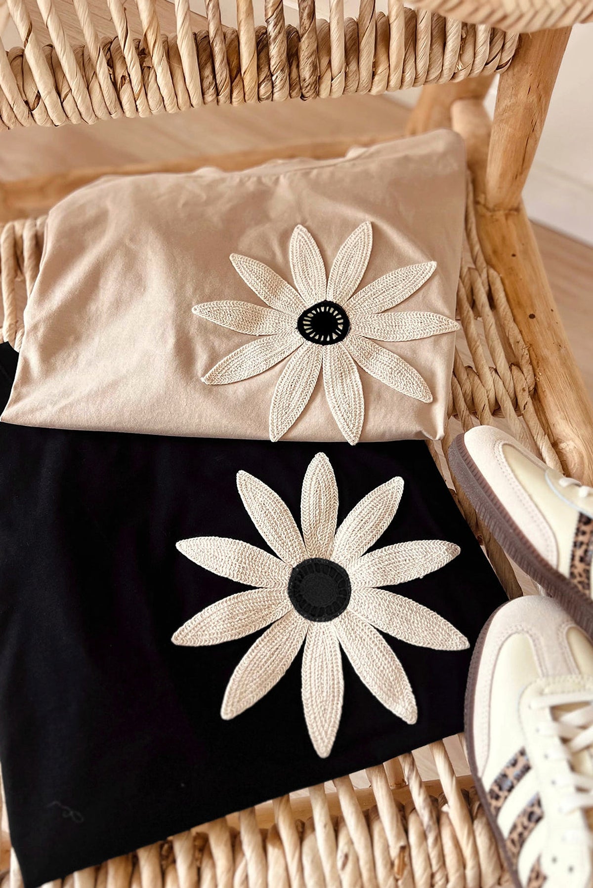 Oatmeal Contrast Crochet Floral Graphic Drop Shoulder Loose Tee - enhanced image 3