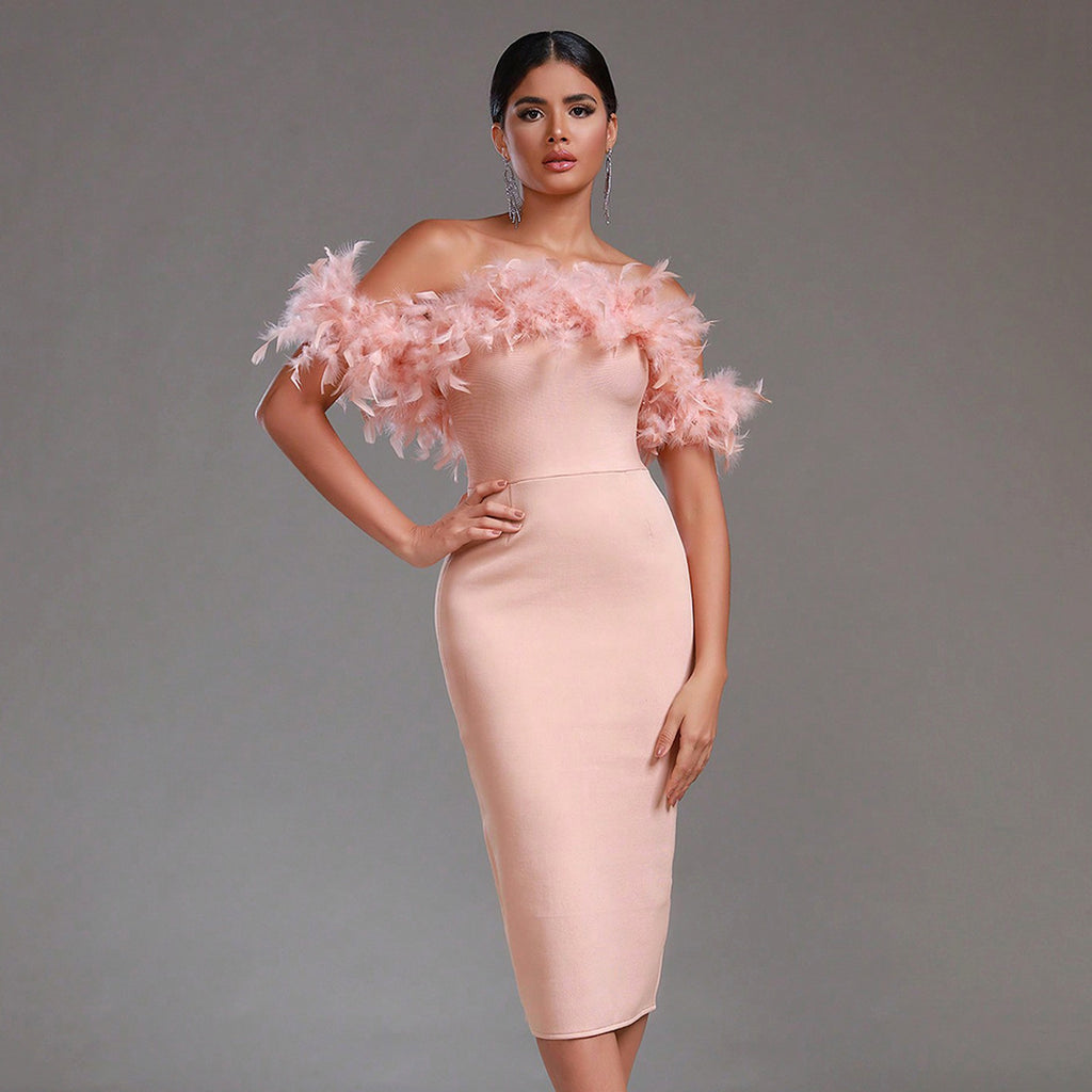 Off-neck Feather Women's Dress - enhanced image 3