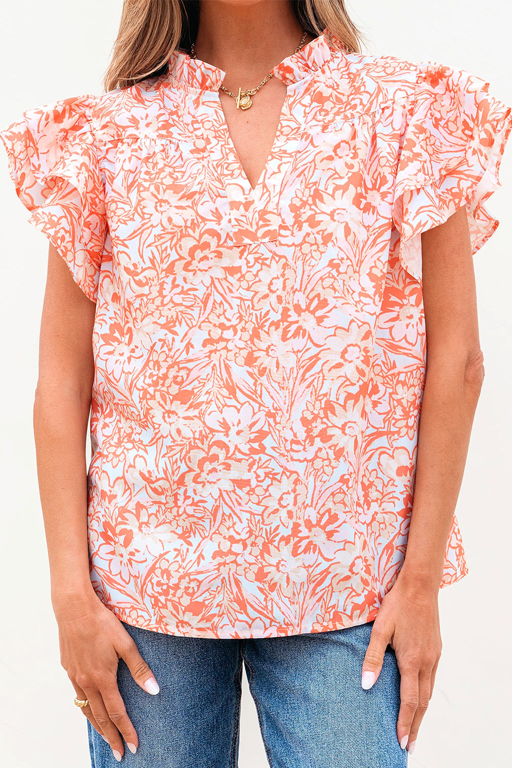 Orange Floral Ruffle Sleeve Split Neck Blouse - enhanced image 3