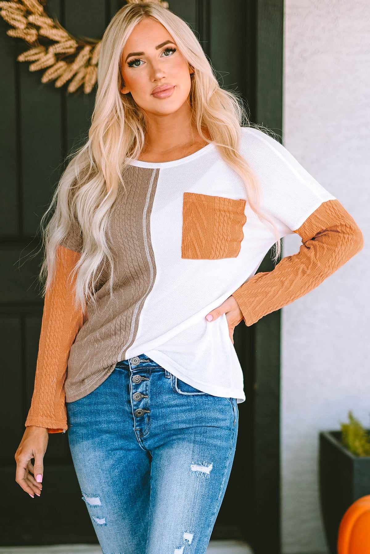 Orange Long Sleeve Colorblock Chest Pocket Textured Knit Top - enhanced image 3