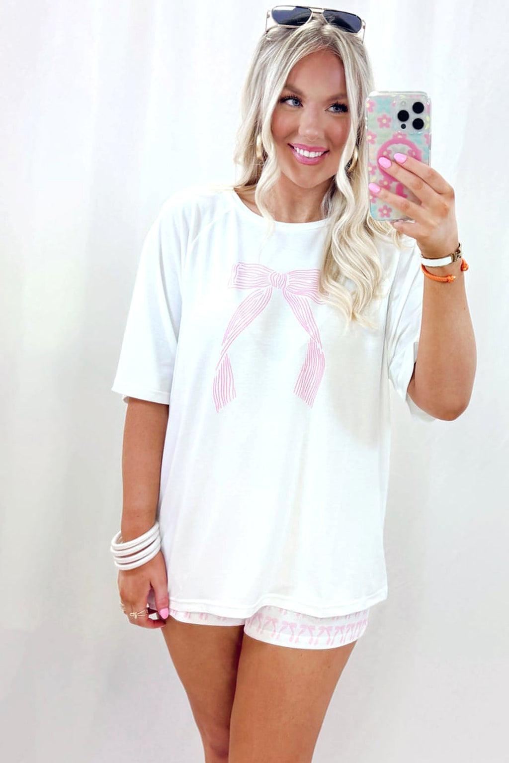 Pink Bow Knot Print Loose Fit Two Piece Casual Lounge Set - enhanced image 3