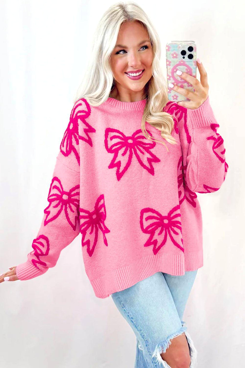 Pink Bow Pattern Drop Shoulder Loose Sweater - enhanced image 3