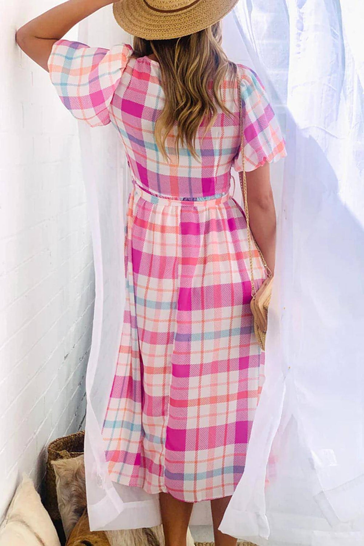 Pink Checkered Puff Sleeve Belted Midi Dress - enhanced image 3