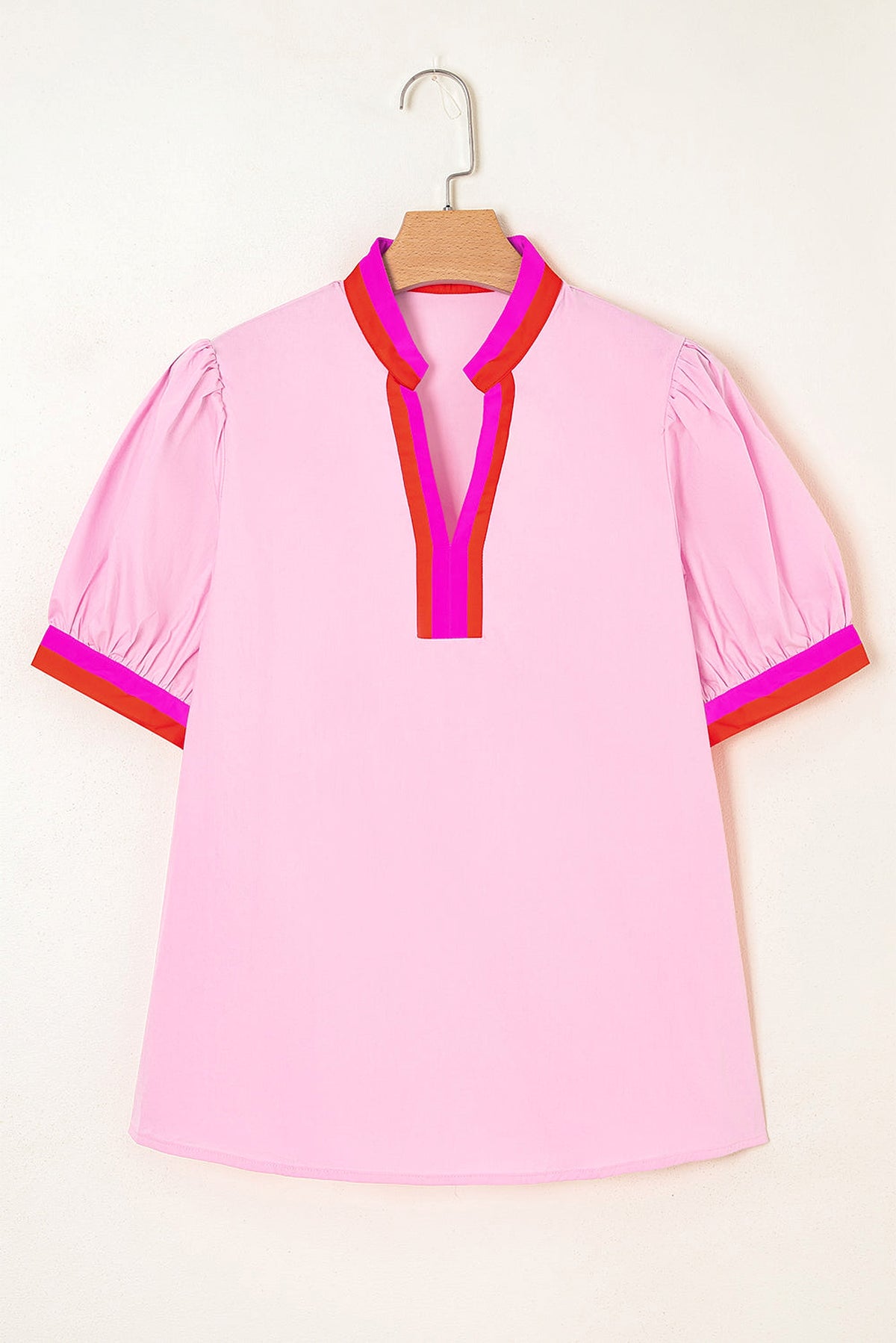 Pink Contrast Striped V Neck Collision Short Puff Sleeve Blouse - enhanced image 3