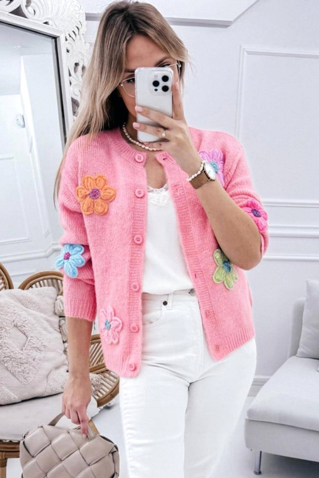 Pink Cute Knitted Floral Pattern Button Up Cardigan - enhanced image 3