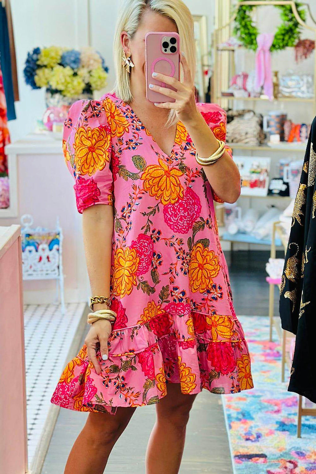 Pink Floral Bubble Sleeve V Neck Ruffled Mini Dress - enhanced image 3