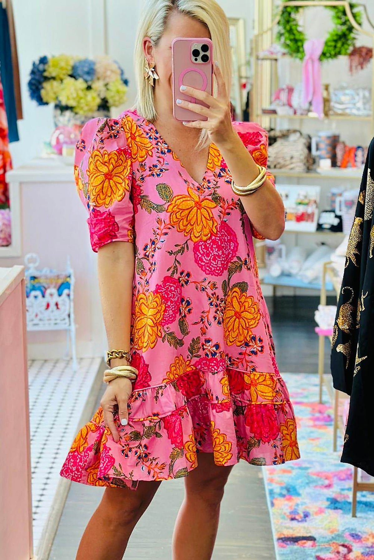 Pink Floral Bubble Sleeve V Neck Ruffled Mini Dress - enhanced image 3