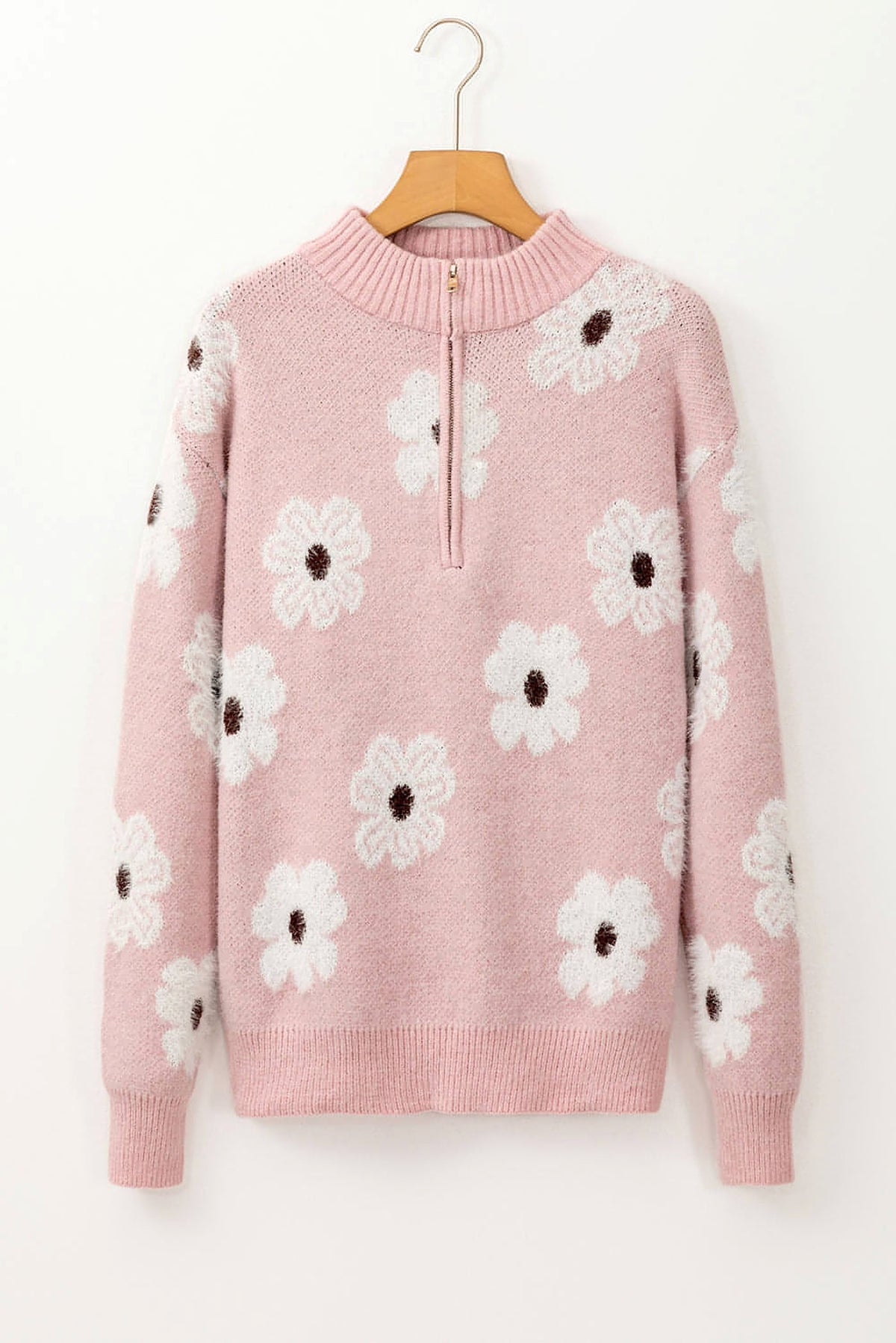 Pink Floral Pattern Half Zip Drop Shoulder Sweater - enhanced image 3