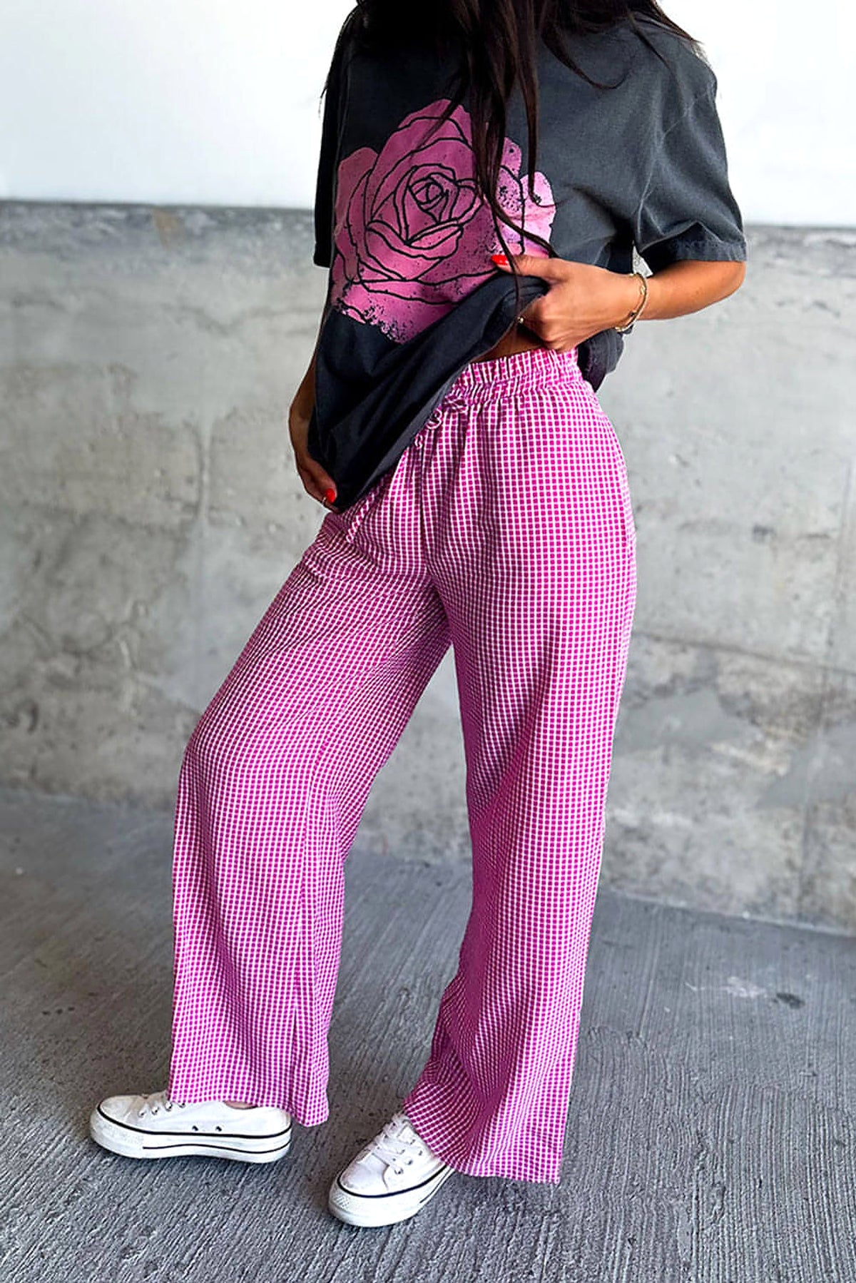 Pink Plaid Print Drawstring High Waist Wide Leg Casual Pants - enhanced image 3