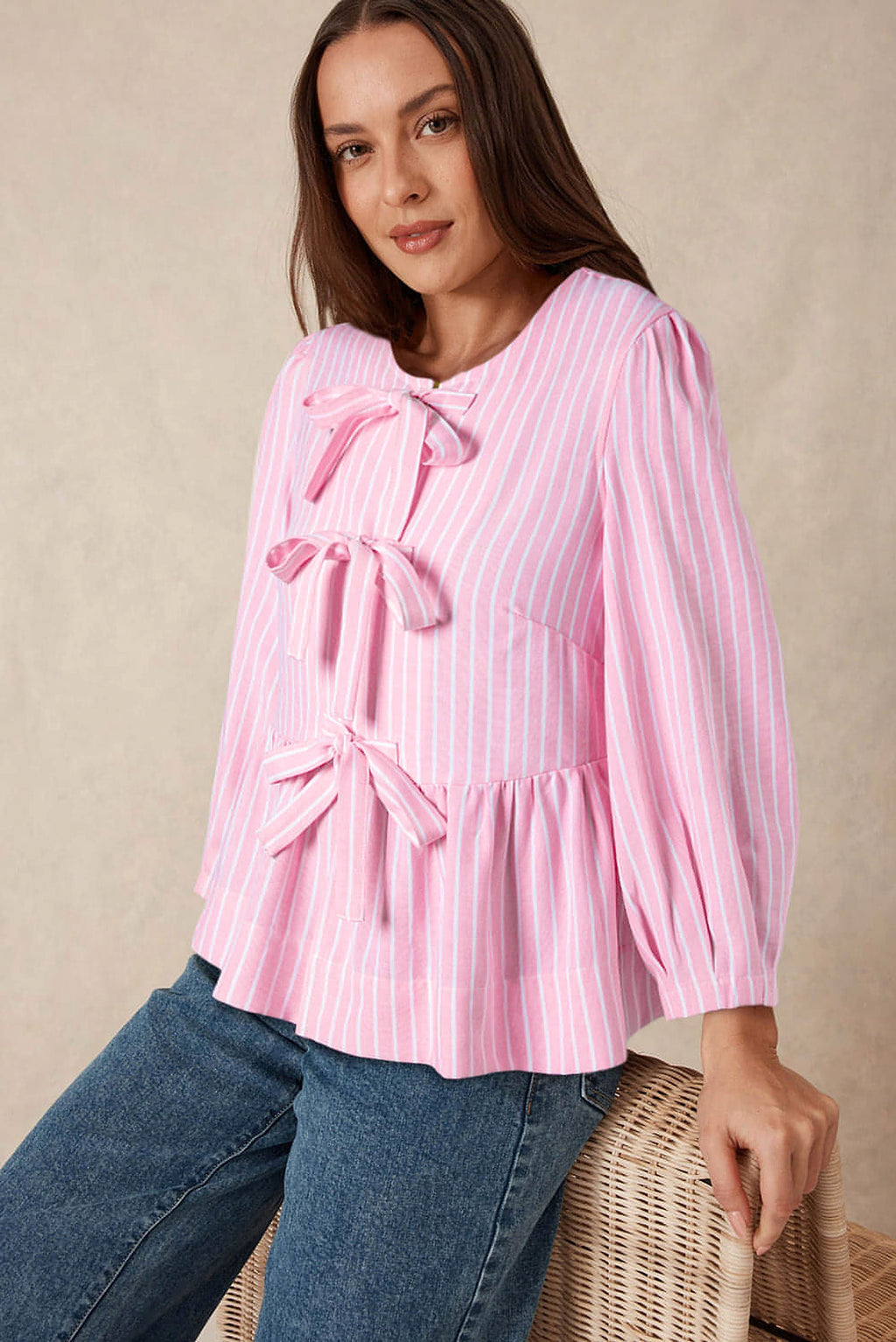Pink Stripe Bowknot Front Crew Neck Puff Sleeve Blouse - enhanced image 3