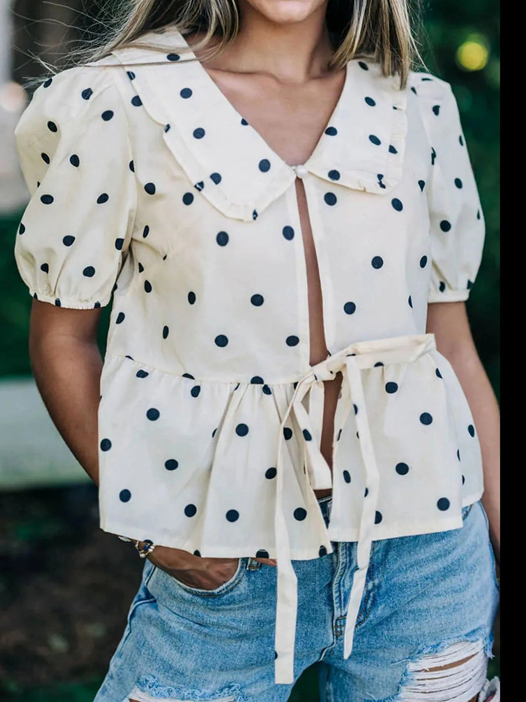 Polka Dot Collared Puff Sleeve Peplum Top - enhanced image 3