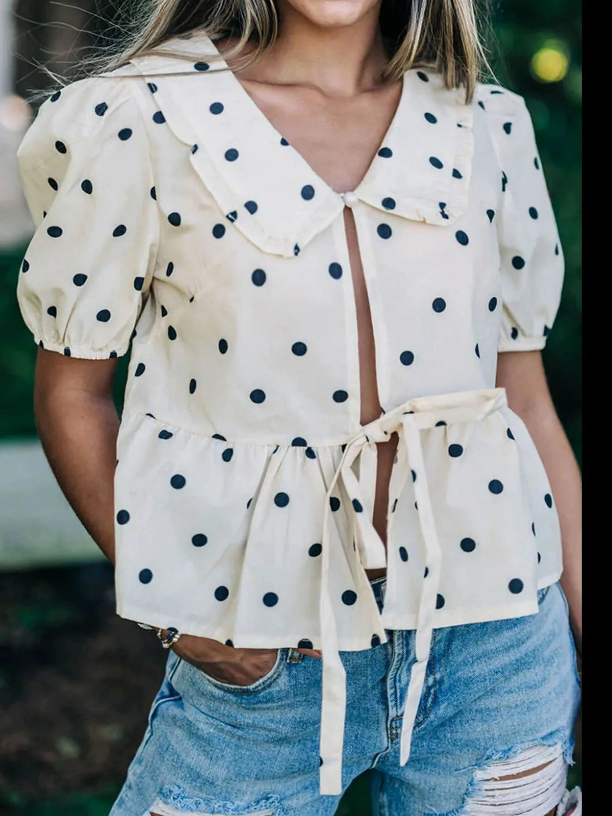 Polka Dot Collared Puff Sleeve Peplum Top - enhanced image 3