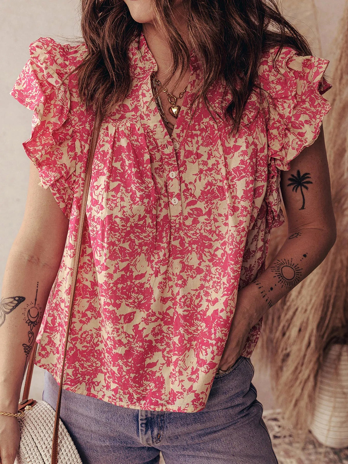 Printed Half Button Neck Ruffle Sleeve Blouse - enhanced image 3