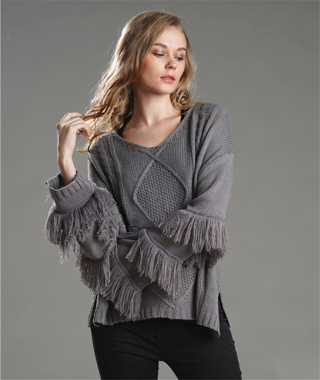 Pullover Loose Sweater Women Tassel Pure Color - enhanced image 3