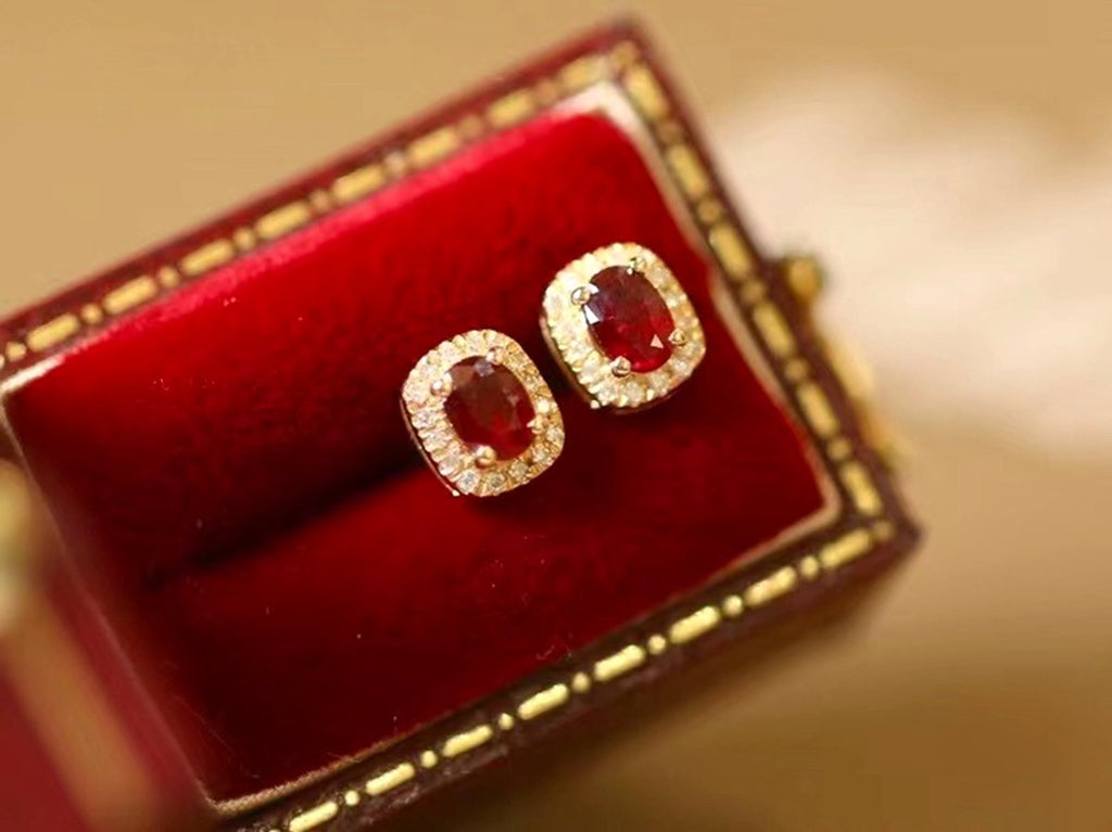 Real Gold Natural Ruby Diamond Stud Earrings Pigeon Blood Red Color - enhanced image 3