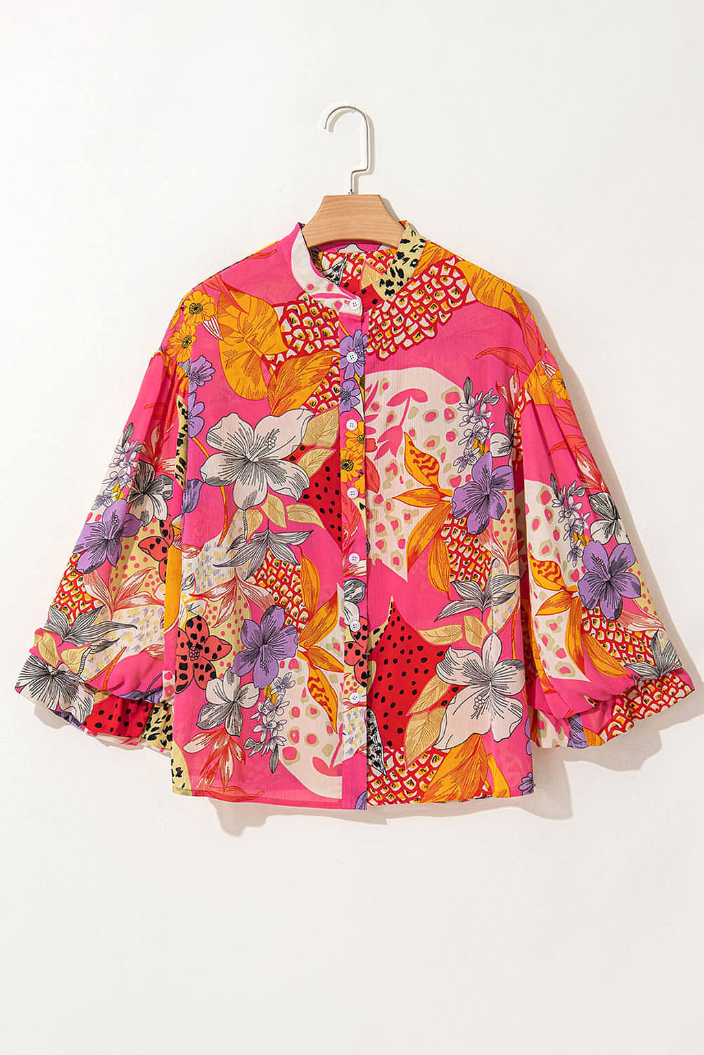 Red Abstract Floral Print Buttoned Ruffled Bubble Sleeve Shirt - enhanced image 3