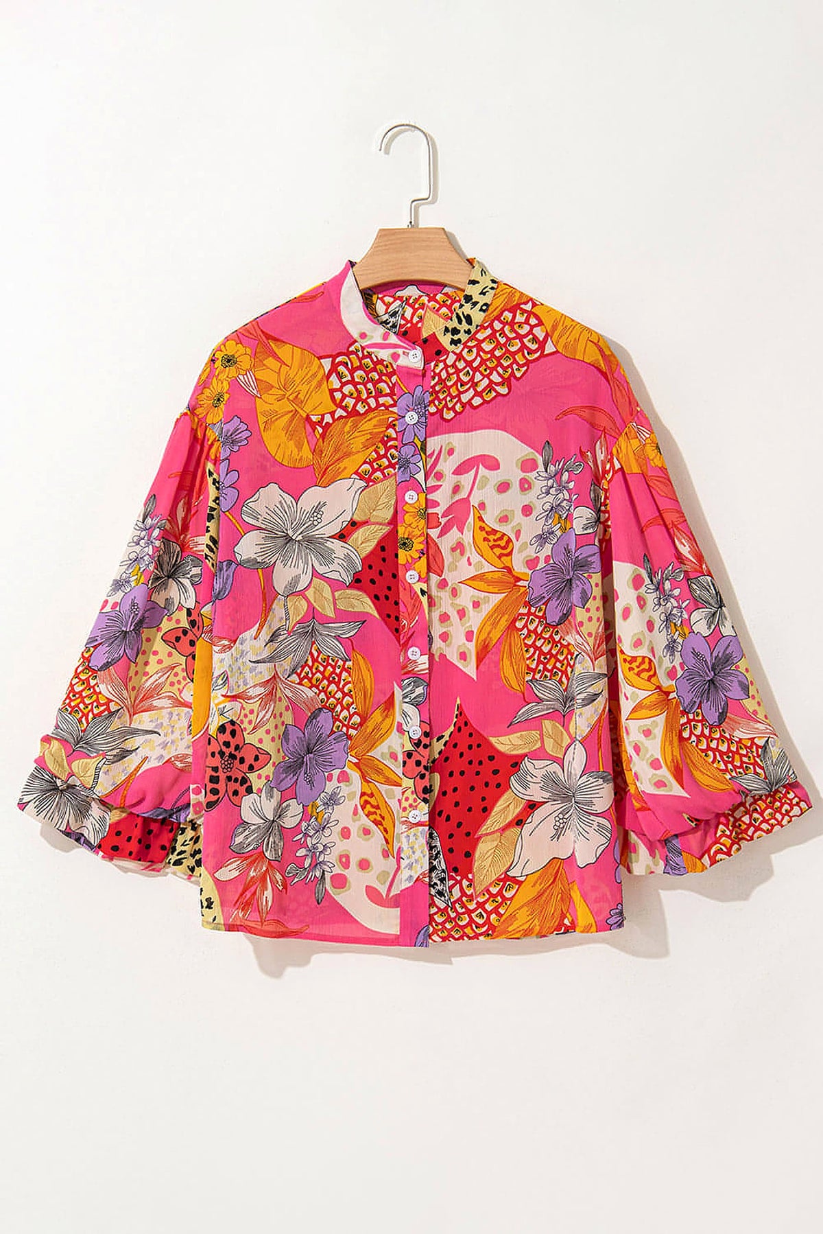 Red Abstract Floral Print Buttoned Ruffled Bubble Sleeve Shirt - enhanced image 3