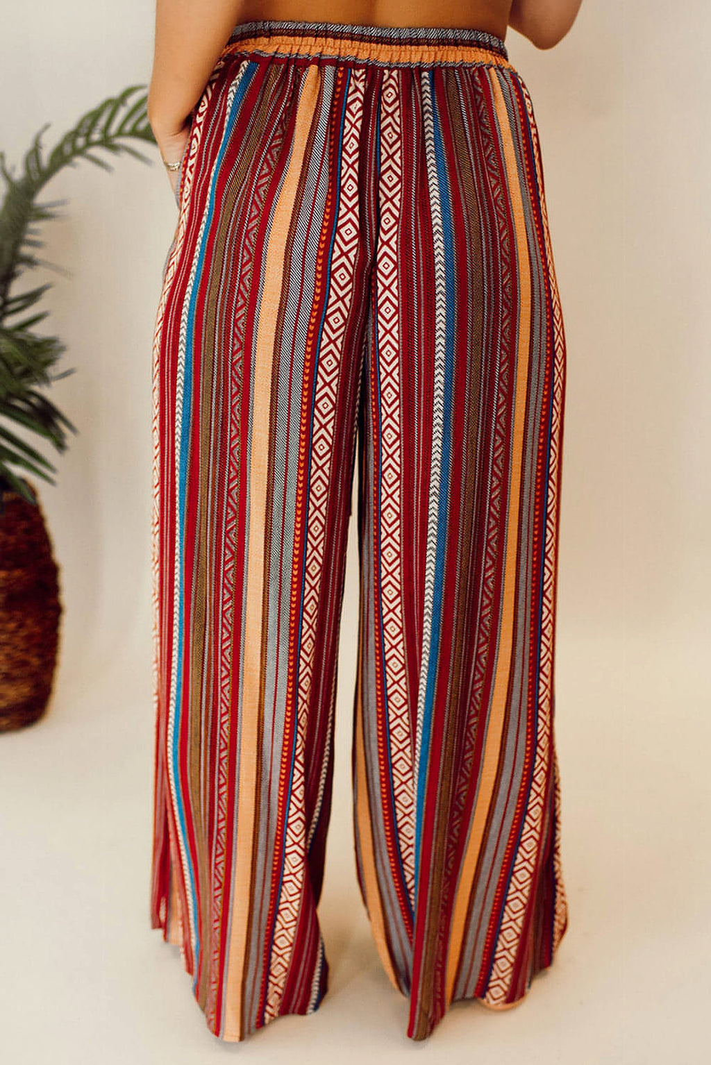 Red Boho Ethnic Striped Print Tie Waist Wide Leg Pants - enhanced image 3