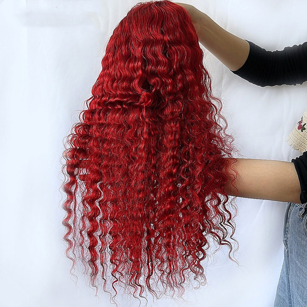Red Deep Wave Human Hair Wig Real Headgear - enhanced image 3