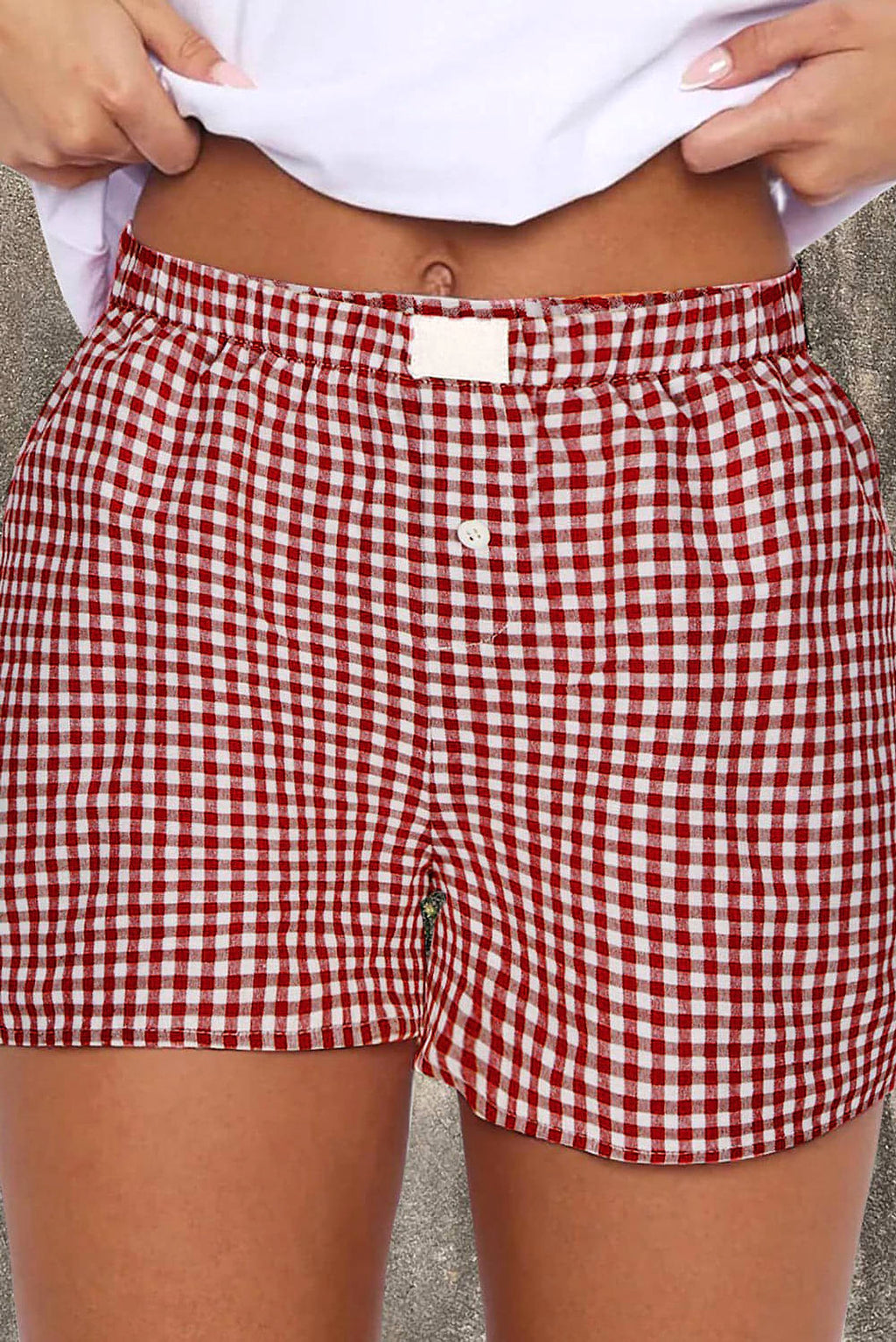Red Plaid Gingham Printed High Waist Shorts - enhanced image 3