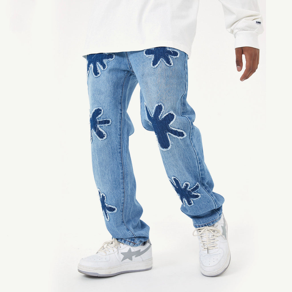 Retro Burnt Flowers Niche Wash Old Jeans For Men - enhanced image 3