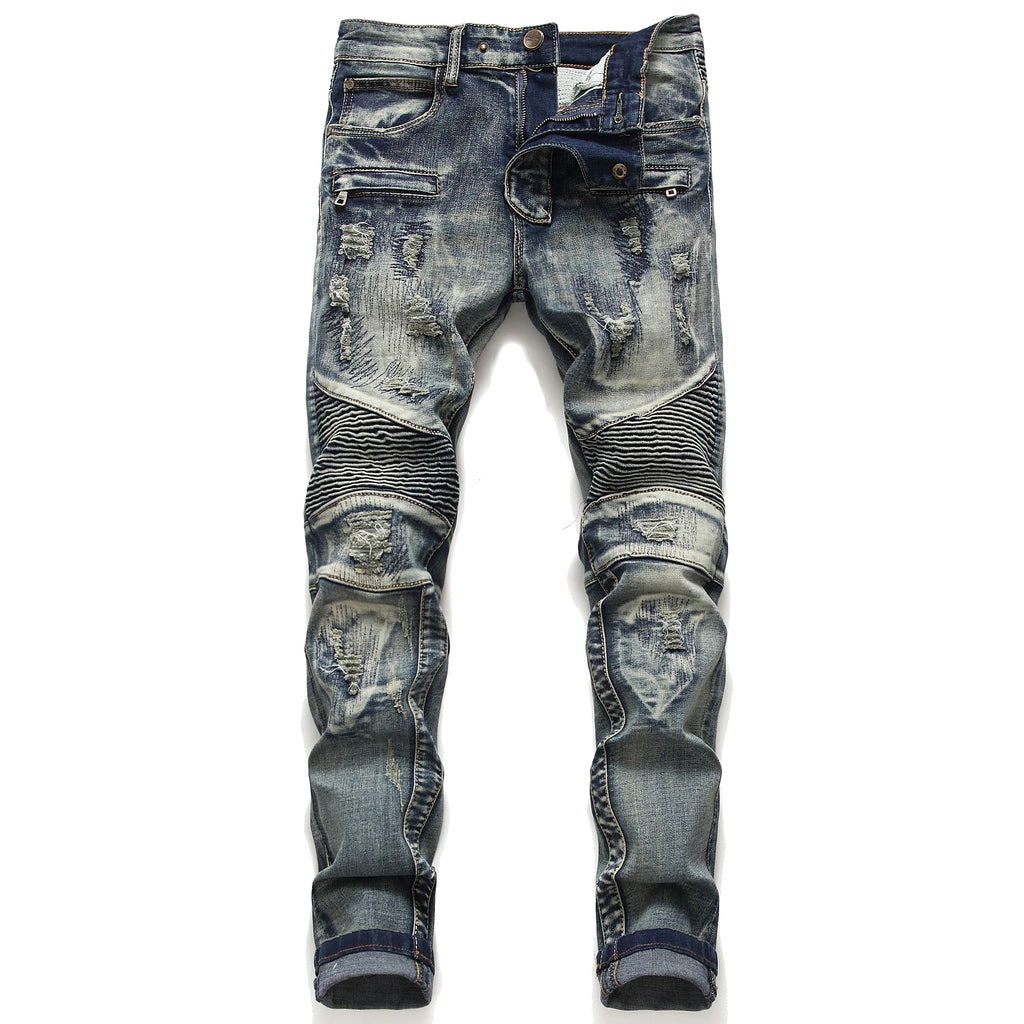 Retro Crumpled Hole Patch Elastic Straight Skinny Jeans - enhanced image 3