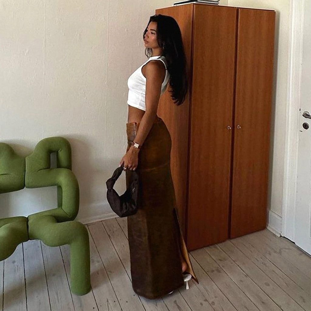 Retro Style Distressed Leather Skirt - enhanced image 3
