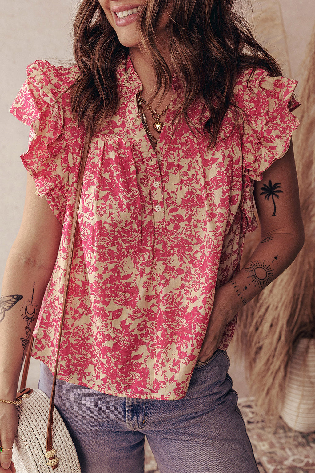 Rose Allover Printed Half Button Neck Ruffle Sleeve Blouse - enhanced image 3