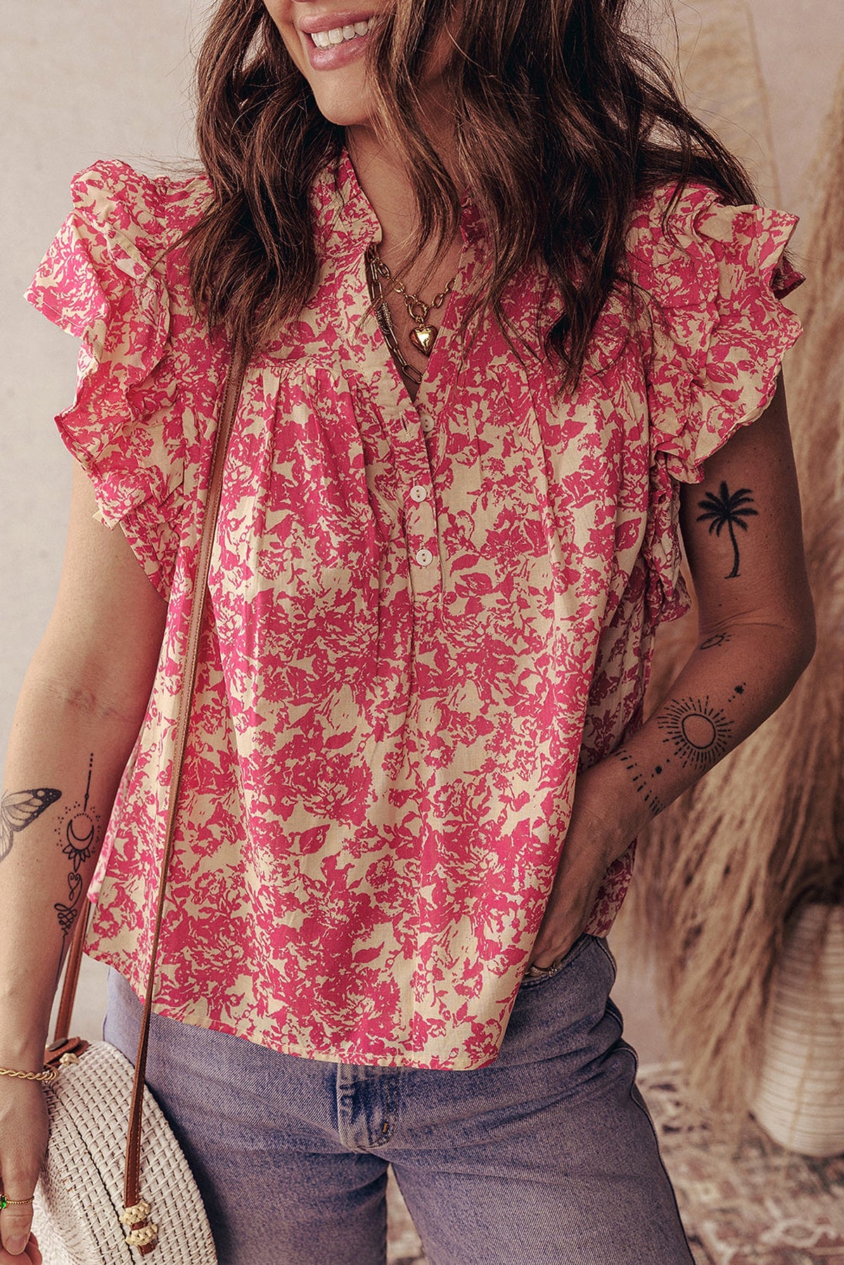 Rose Allover Printed Half Button Neck Ruffle Sleeve Blouse - enhanced image 3