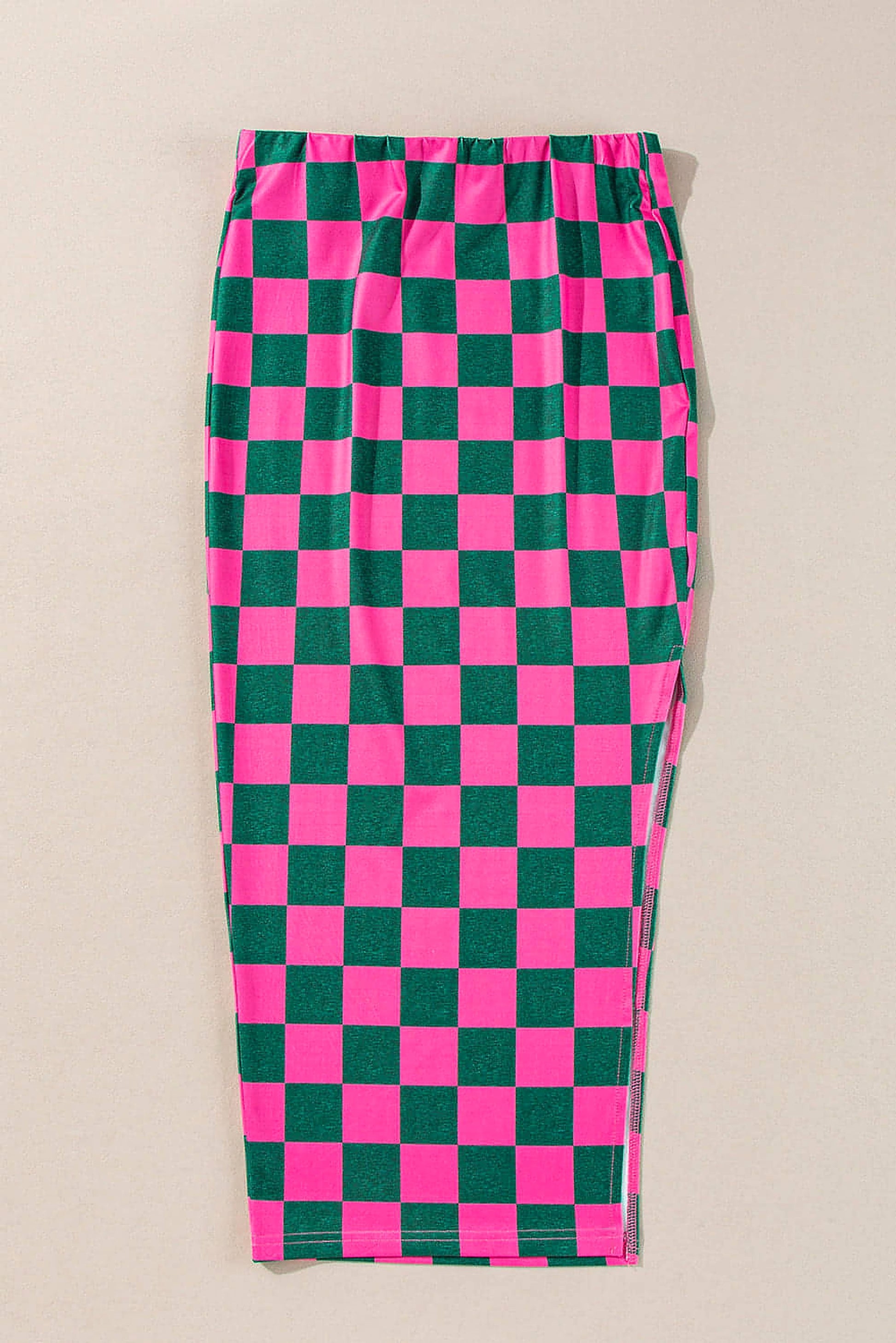 Rose Checkered Print Side Slit High Waist Midi Skirt - enhanced image 3
