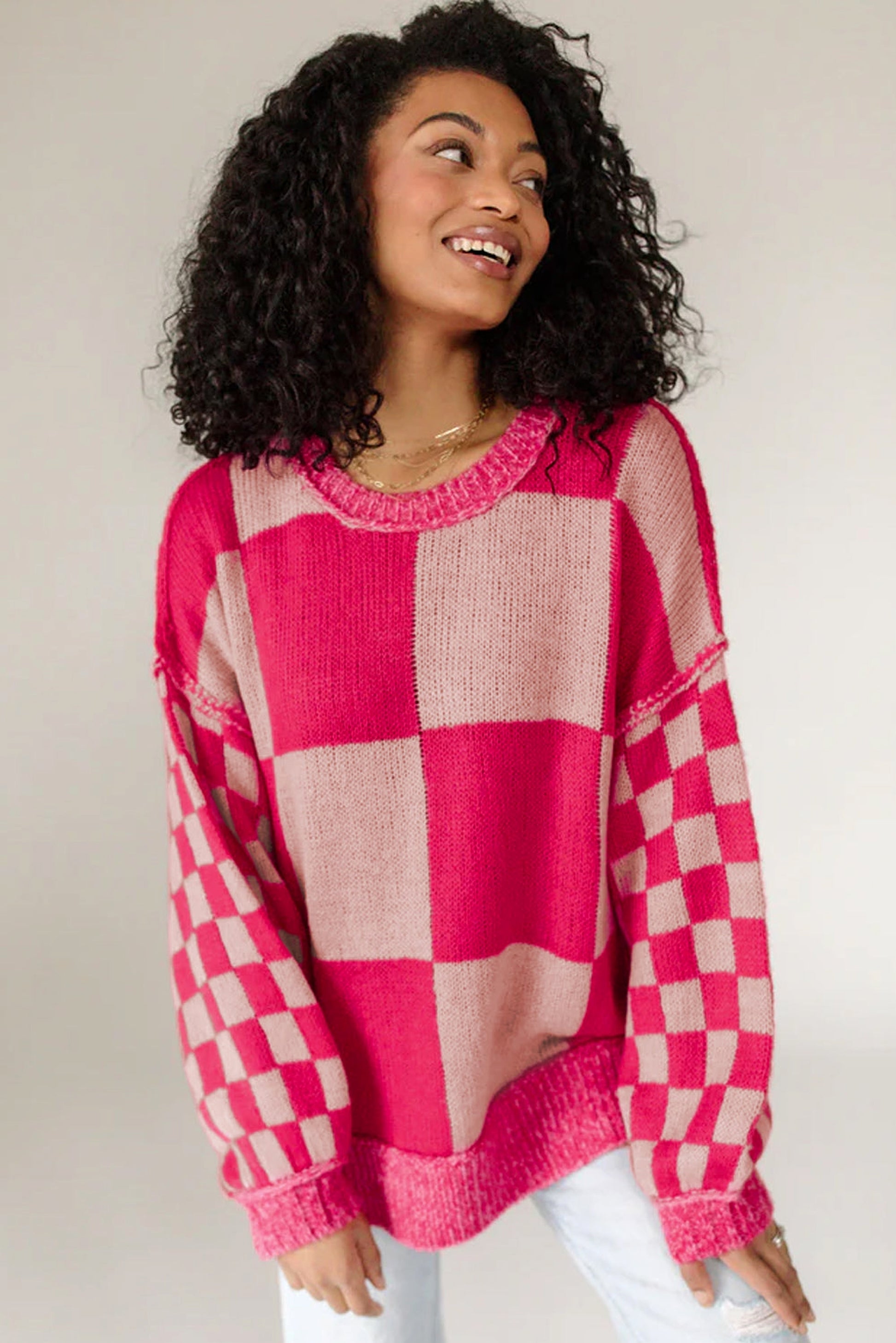 Rose Red Mixed Checkered Pattern Drop Shoulder Loose Sweater - enhanced image 3